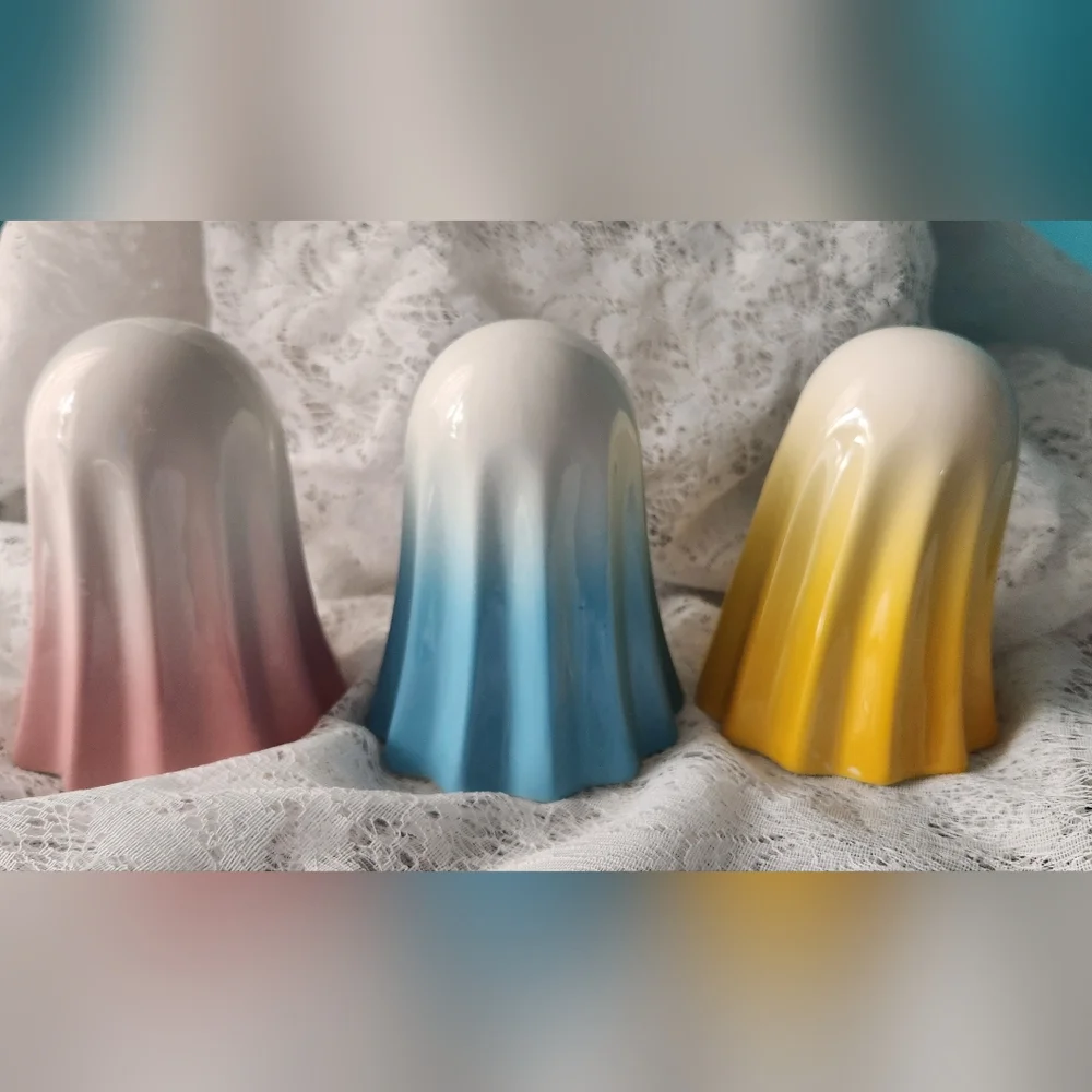 NWT Set of 3 Adorable Ceramic Ghost Spooky Figurines In Pink, Blue, and Yellow